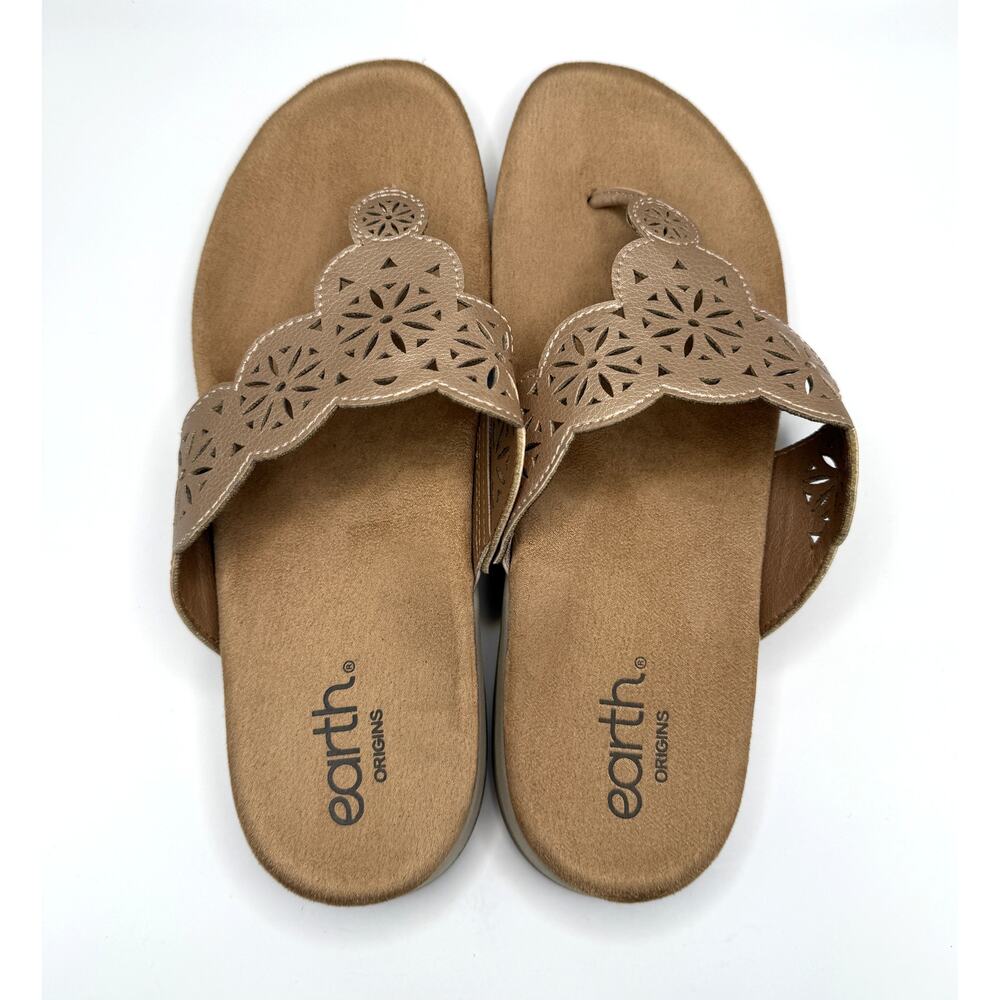Earth Origins Beige Leather Floral Cut-Out Thong Slip On Sandals Comfort US 10M - Picture 2 of 11